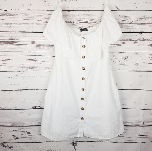 white off the shoulder button down dress